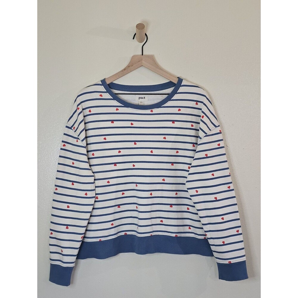 Pact Organic Cotton Heart Print Striped Sweatshirt XL Blue White Red Pullover - Picture 2 of 12